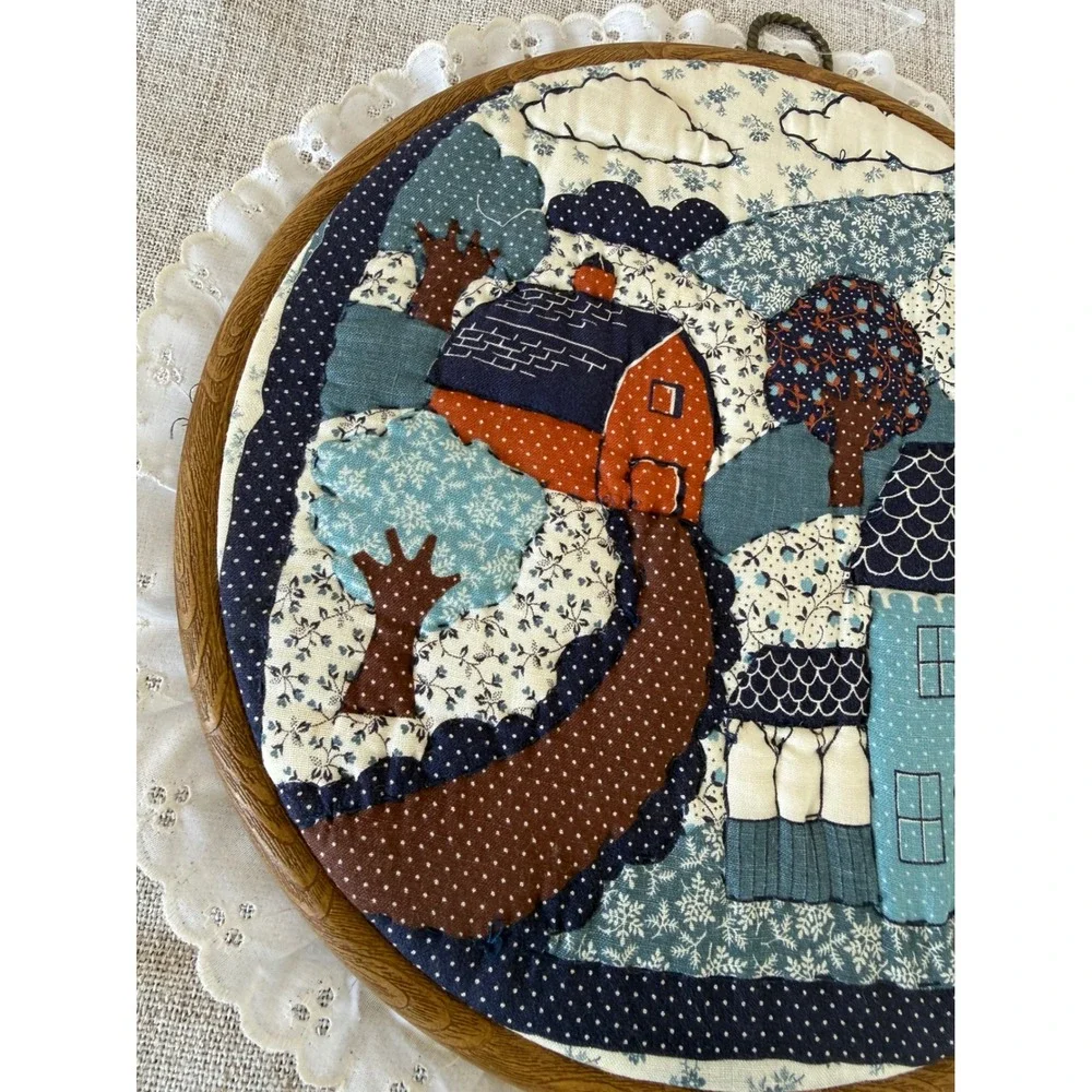 Hand Quilted Wall Art 10in Blue Excellent Folk Art Village Hoop Cottagecore
